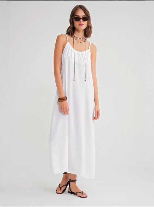 Robe mi-longue décontractée avec col carré et détails à volants mixray - Kiabi