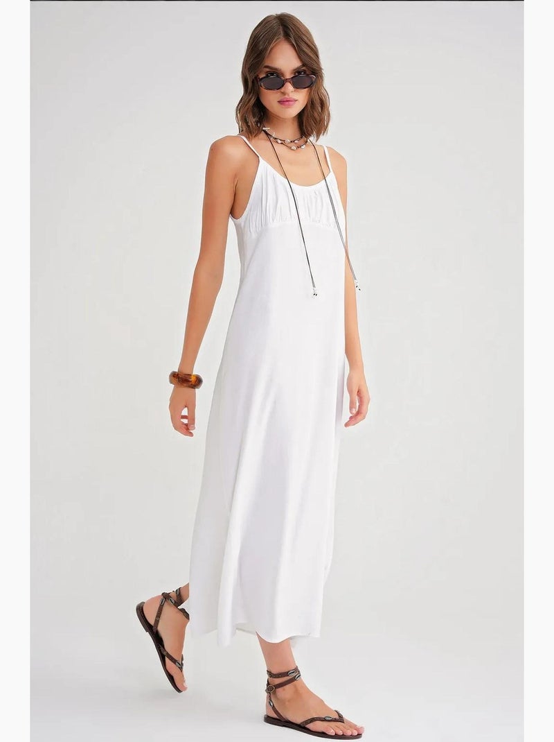 Robe mi-longue décontractée avec col carré et détails à volants mixray Blanc - Kiabi