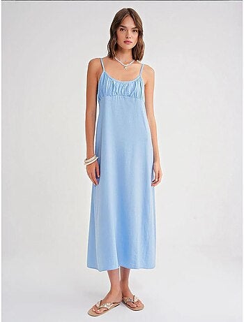 Robe mi-longue décontractée avec col carré et détails à volants mixray