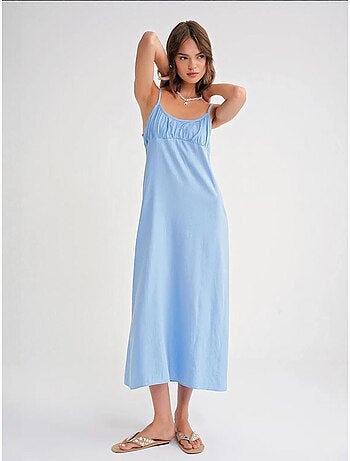 Robe mi-longue décontractée avec col carré et détails à volants mixray