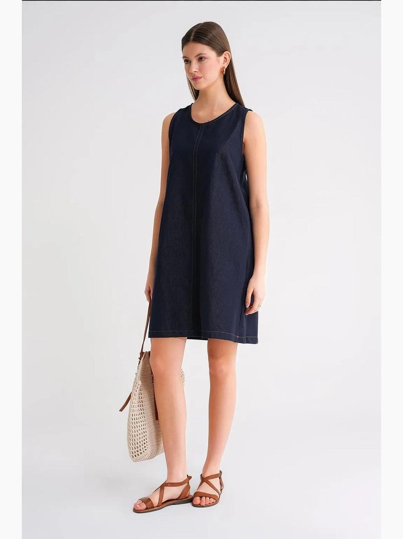 Robe mi-longue en coton à col ras du cou et poches mixray Bleu marine - Kiabi