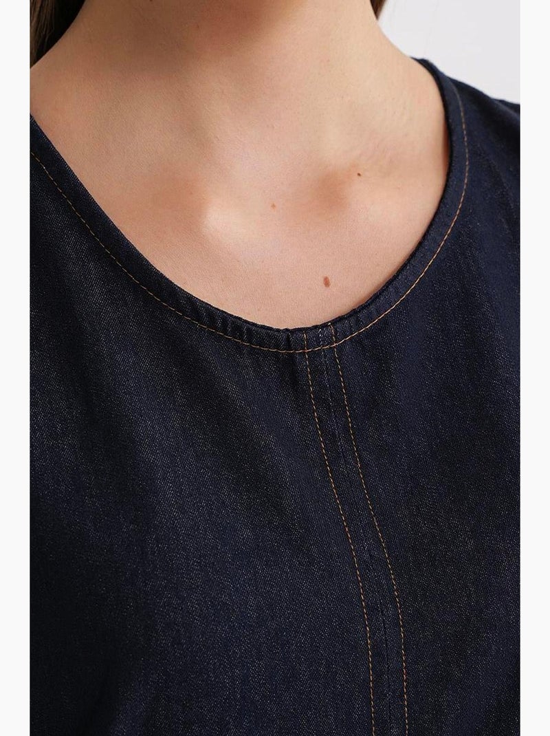 Robe mi-longue en coton à col ras du cou et poches mixray Bleu marine - Kiabi