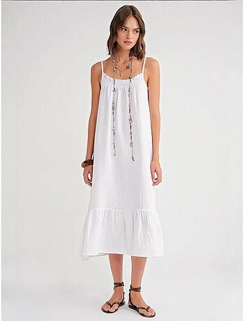 Robe mi-longue en coton avec détails à volants mixray