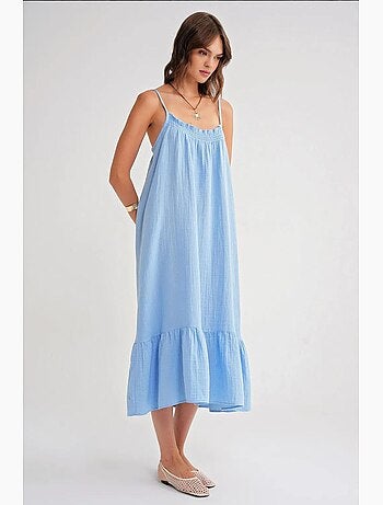 Robe mi-longue en coton avec détails à volants mixray
