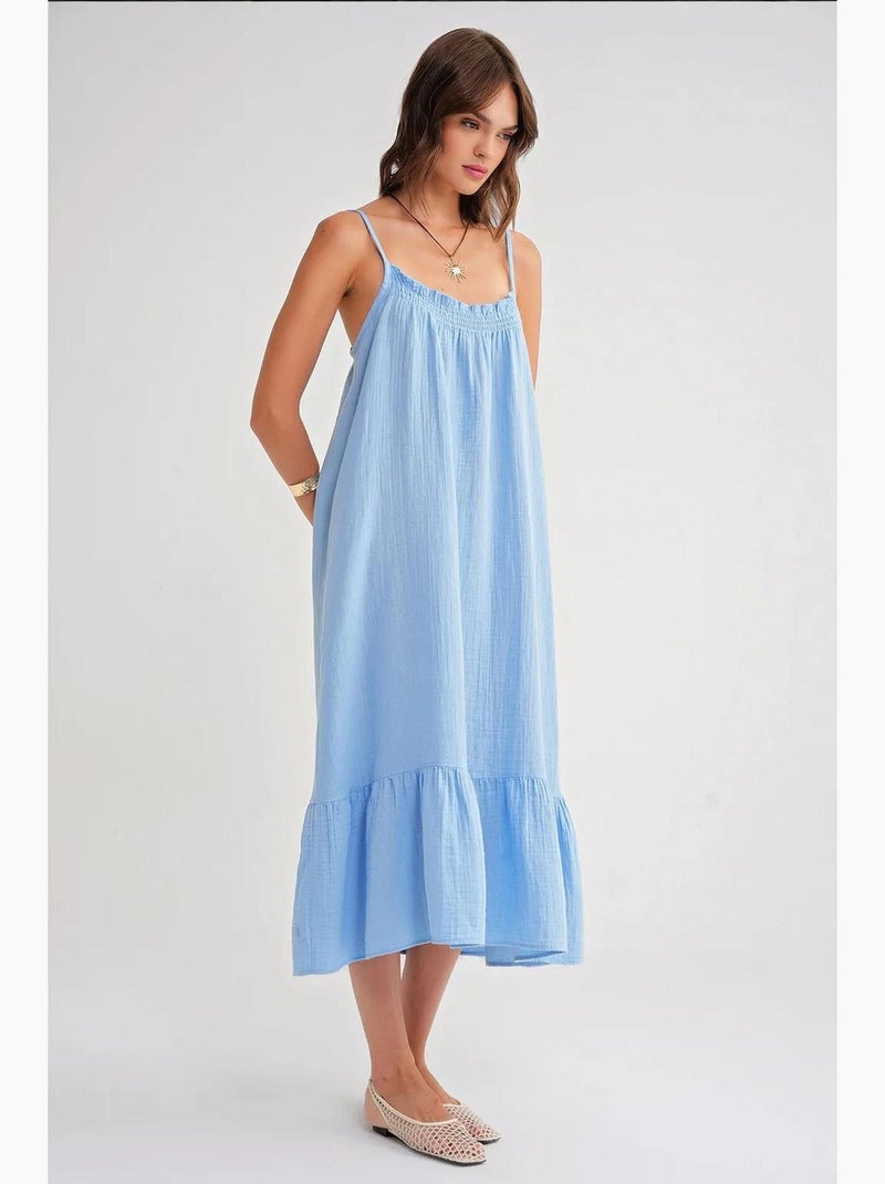 Robe mi-longue en coton avec détails à volants mixray Bleu ciel - Kiabi