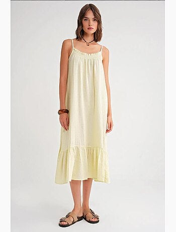 Robe mi-longue en coton avec détails à volants mixray