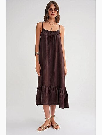 Robe mi-longue en coton avec détails à volants mixray
