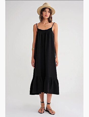 Robe mi-longue en coton avec détails à volants mixray