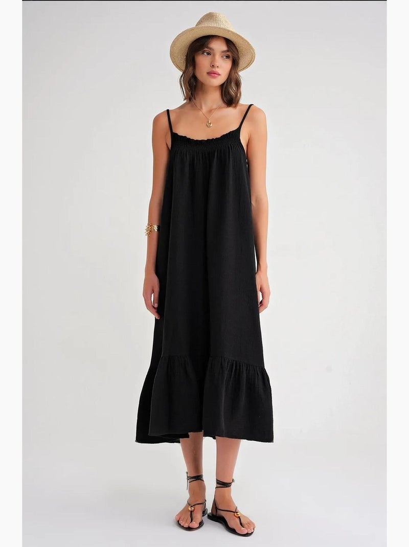 Robe mi-longue en coton avec détails à volants mixray Noir - Kiabi