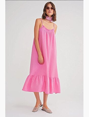 Robe mi-longue en coton avec détails à volants mixray