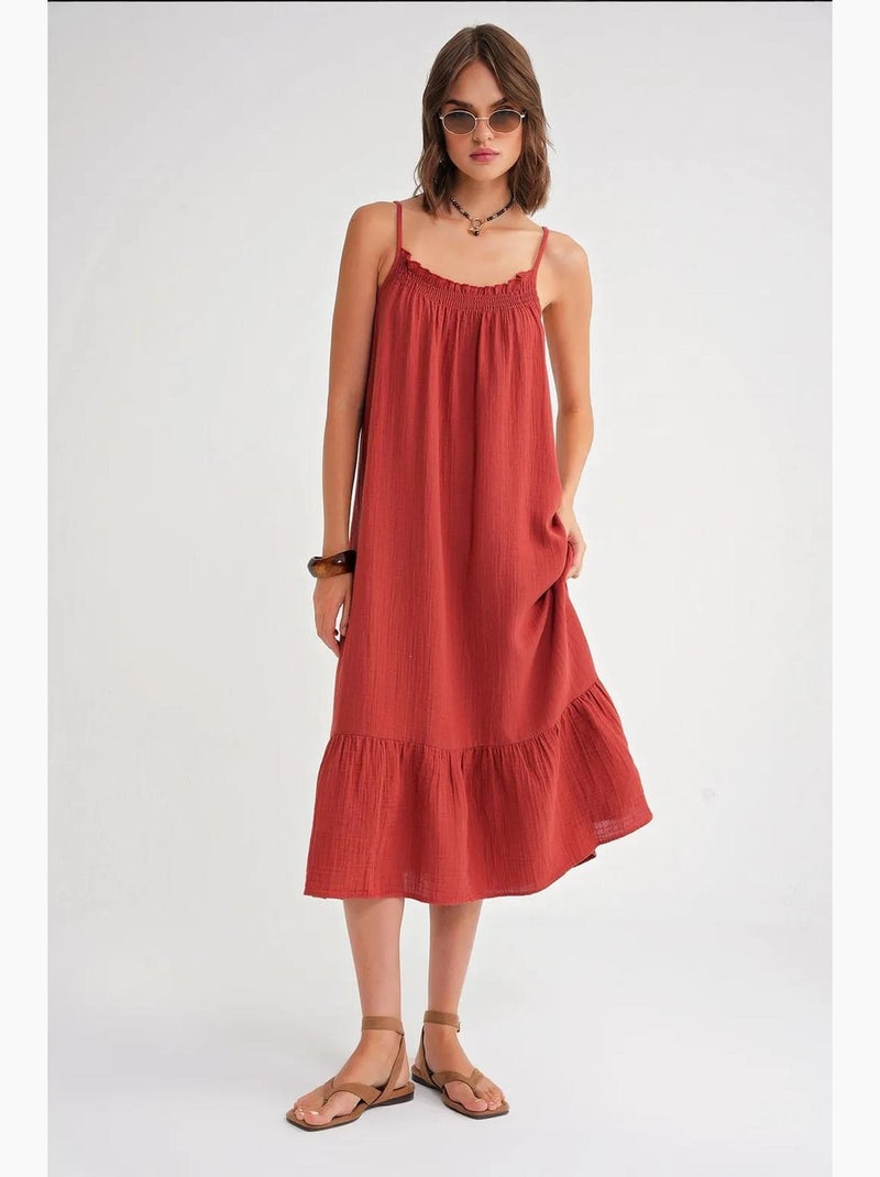 Robe mi-longue en coton avec détails à volants mixray Rouge foncé - Kiabi