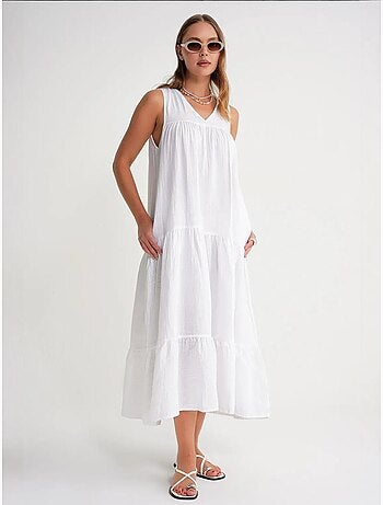 Robe mi-longue en mousseline sans manches à col en v et poches mixray