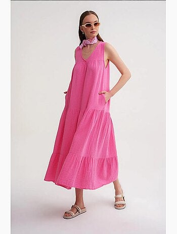 Robe mi-longue en mousseline sans manches à col en v et poches mixray