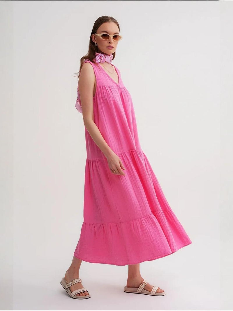 Robe mi-longue en mousseline sans manches à col en v et poches mixray Rose fluo/Solinotes - Kiabi