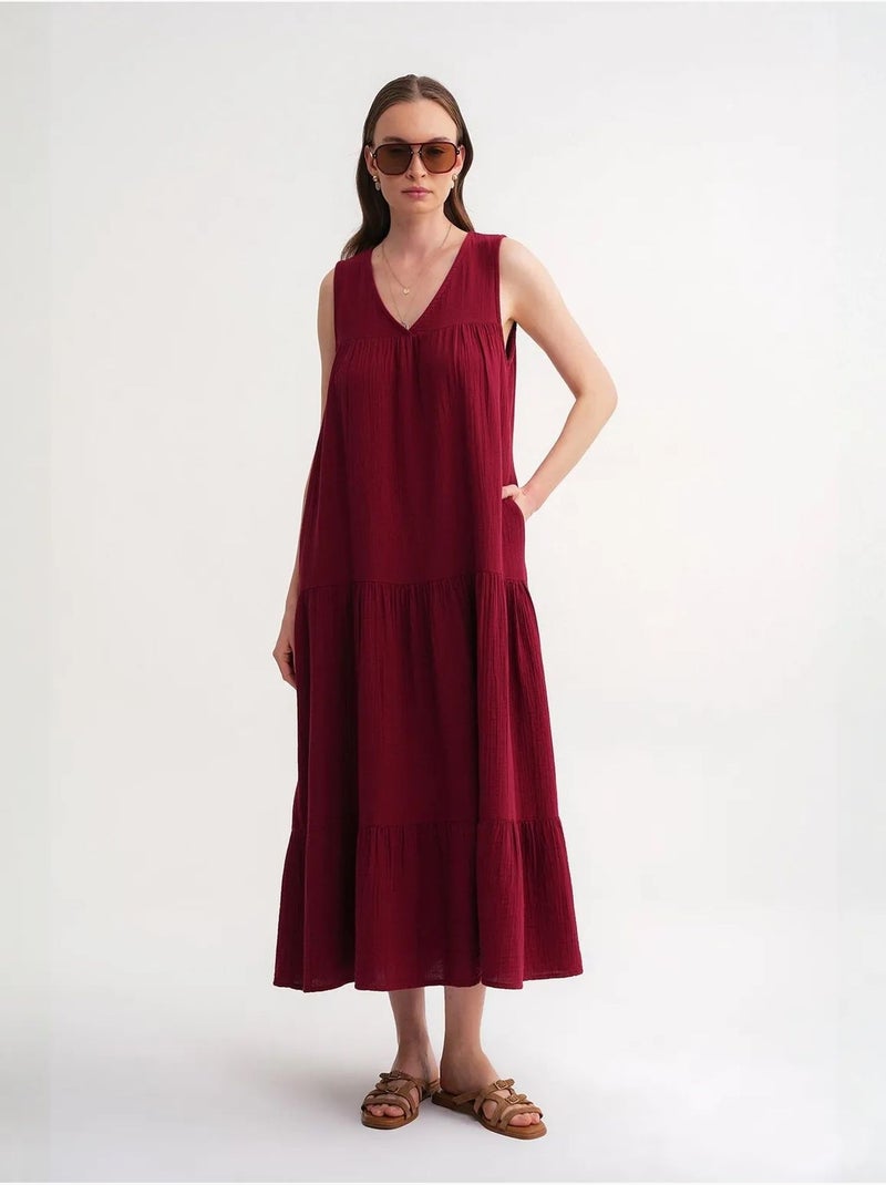 Robe mi-longue en mousseline sans manches à col en v et poches mixray Rouge bordeaux - Kiabi