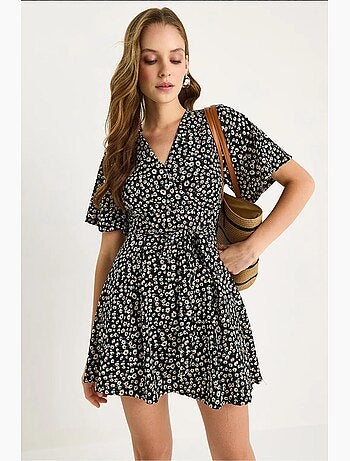 Robe mi-longue fleurie à col en v et fente lucci