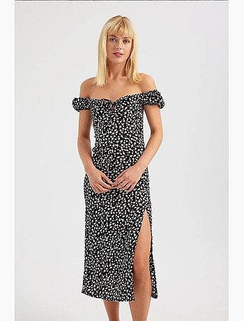 Robe mi-longue fleurie à épaules dénudées et fente latérale hiccup