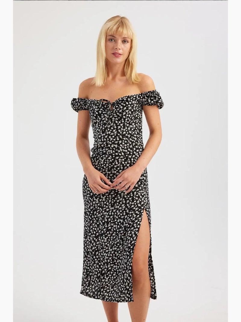 Robe mi-longue fleurie à épaules dénudées et fente latérale hiccup Noir - Kiabi
