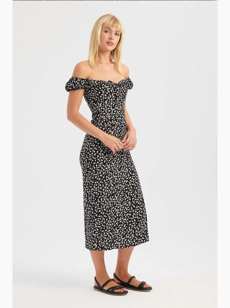 Robe mi-longue fleurie à épaules dénudées et fente latérale hiccup Noir - Kiabi