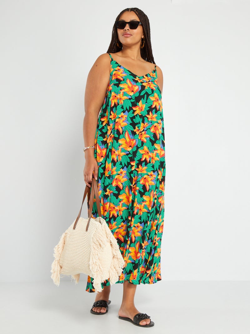Robe mi-longue 'fleurie' Noir - Kiabi