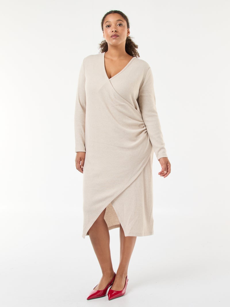 Robe mi-longue portefeuille en maille Beige - Kiabi