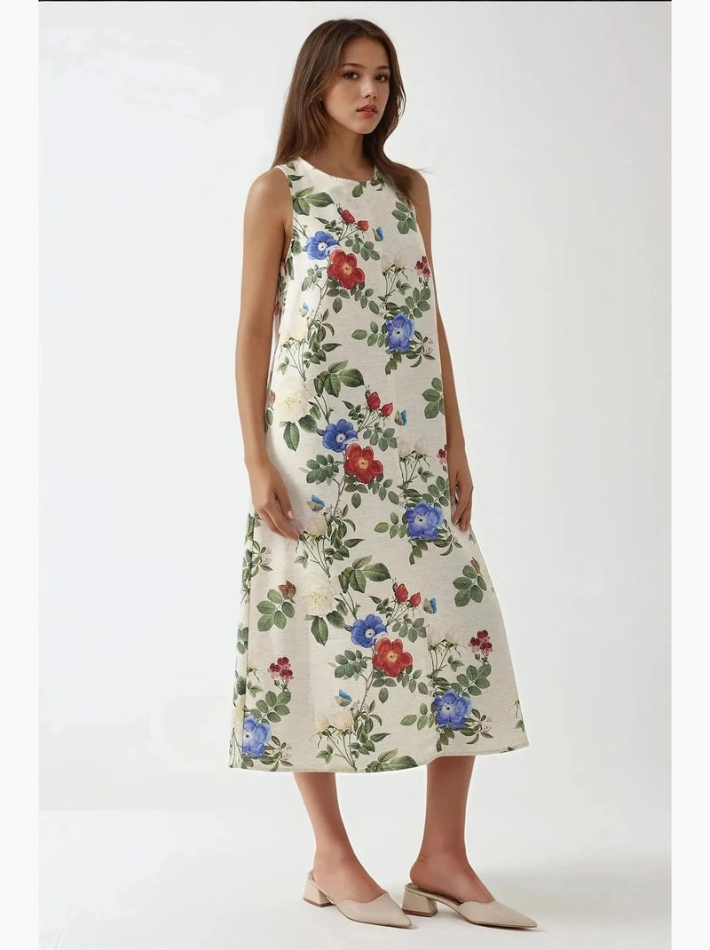 Robe mi-longue sans manches à col ras du cou en lin hiccup Crème - Kiabi