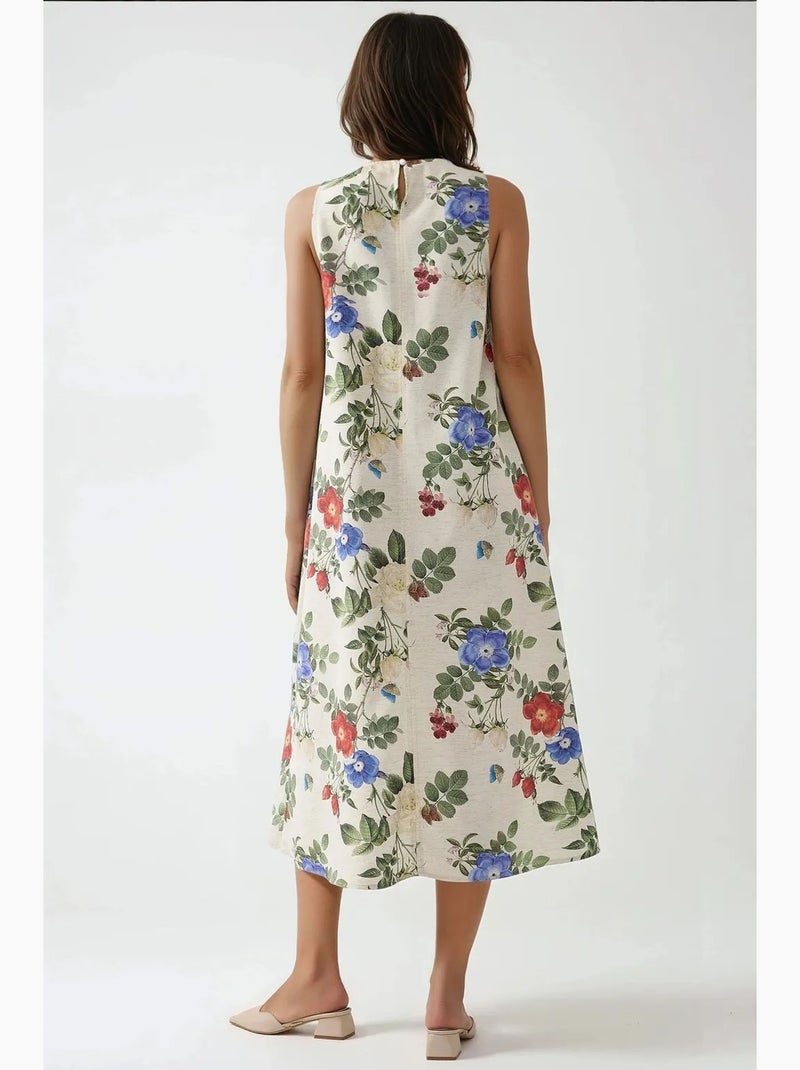 Robe mi-longue sans manches à col ras du cou en lin hiccup Crème - Kiabi