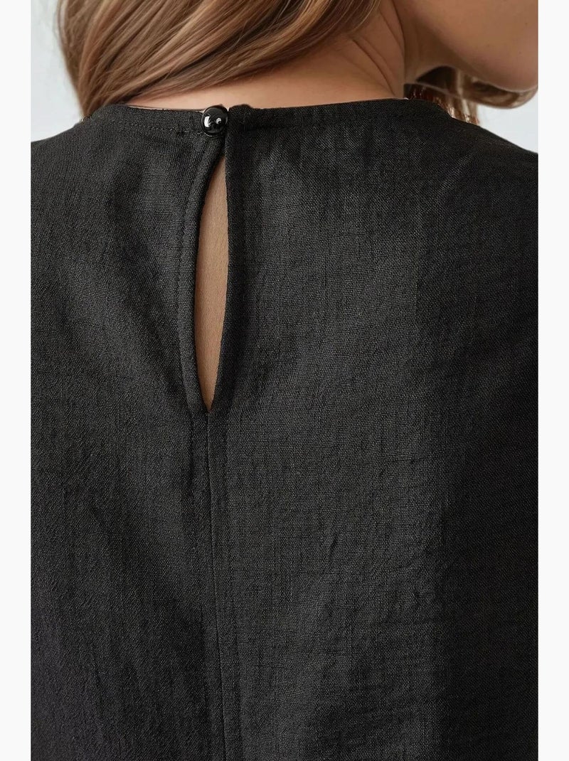 Robe mi-longue sans manches à col ras du cou en lin hiccup Noir - Kiabi