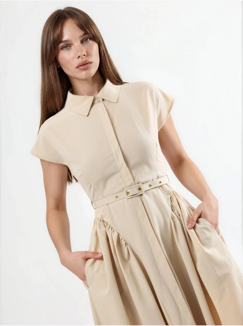 Robe midi à ceinture avec col chemise busem Beige argile - Kiabi