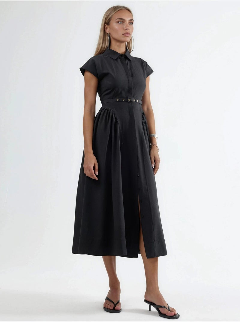 Robe midi à ceinture avec col chemise busem Noir - Kiabi