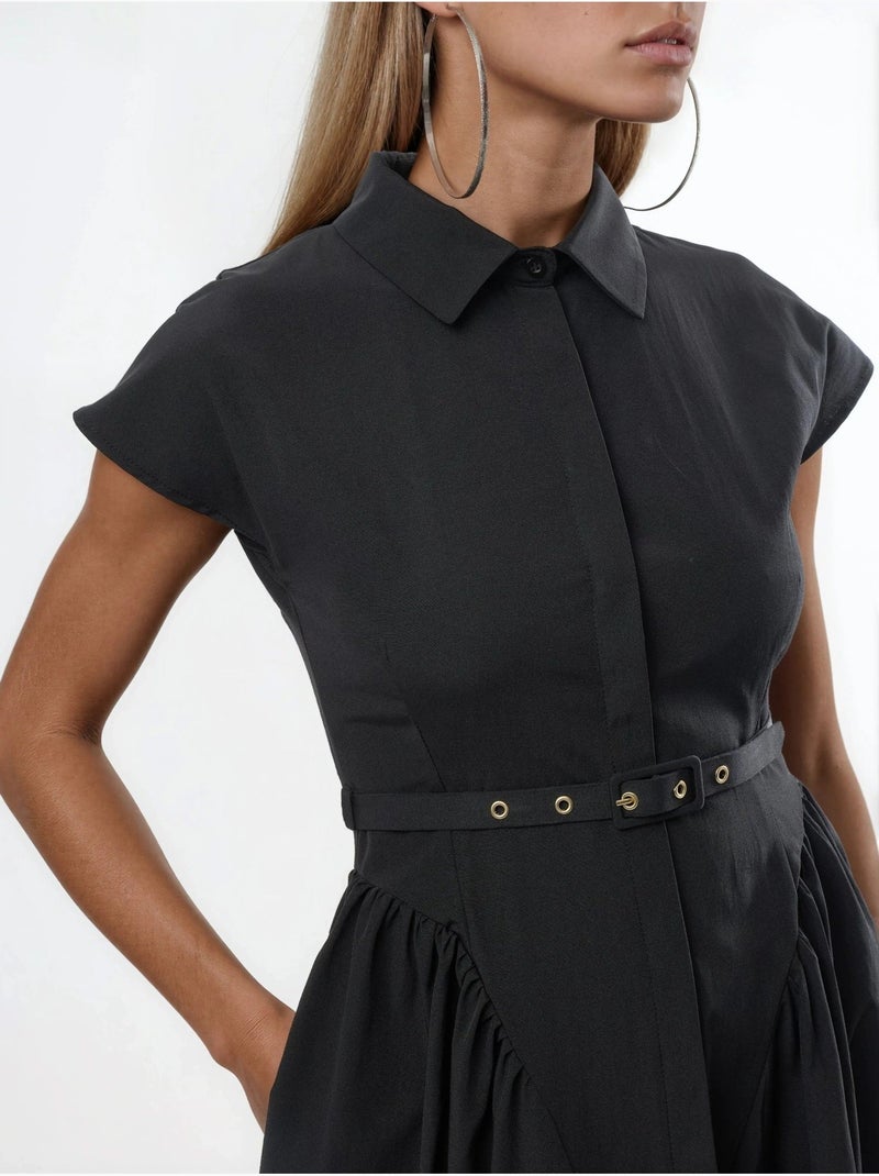 Robe midi à ceinture avec col chemise busem Noir - Kiabi