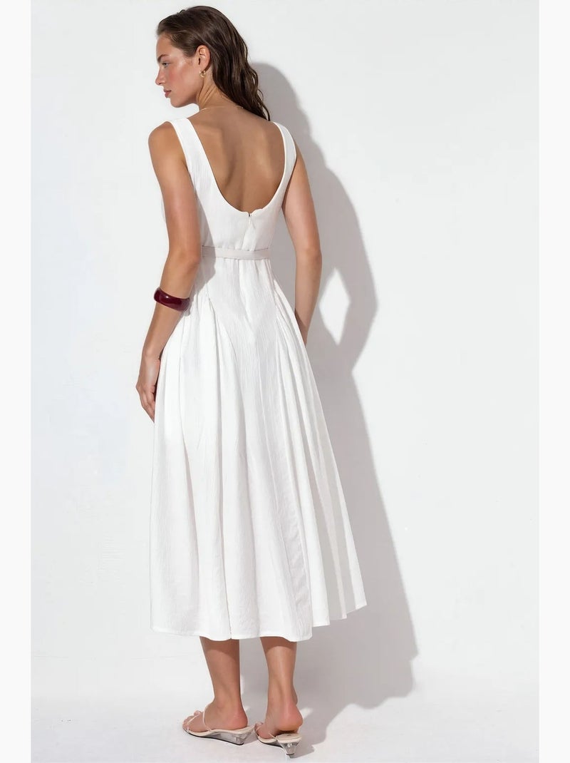 Robe midi à col carré avec ceinture busem Blanc - Kiabi