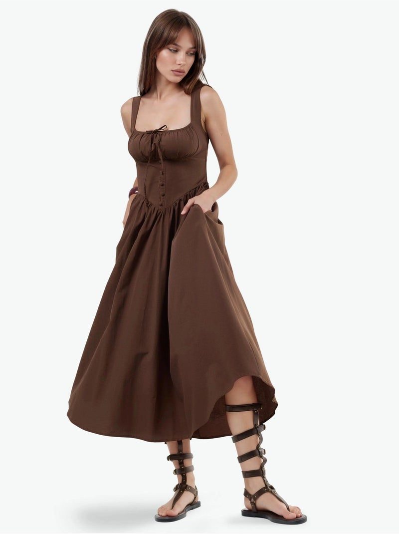 Robe midi à col carré avec détail boutonné busem Marron clair - Kiabi