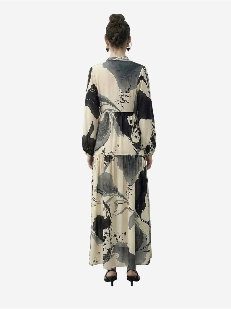 Robe midi à col en v abstrait et manches longues lucci Crème - Kiabi