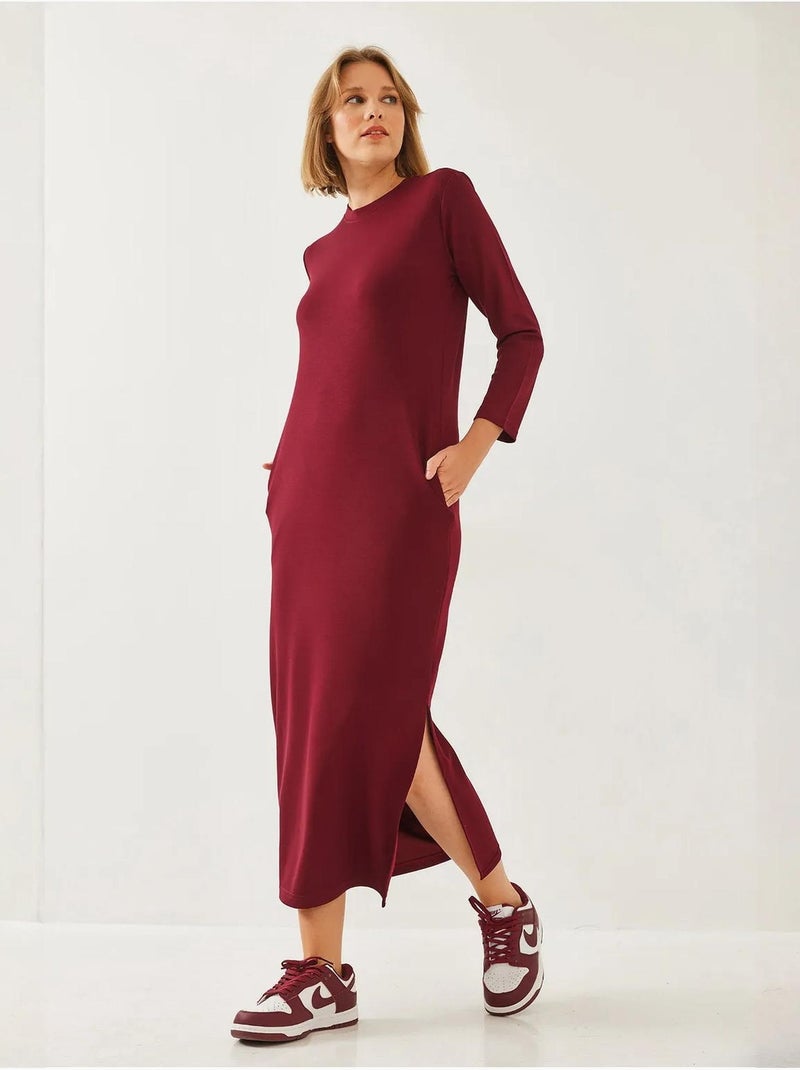 Robe midi à col rond et manches longues fendue lucci Rouge bordeaux - Kiabi