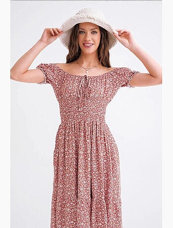 Robe midi à épaules dénudées, imprimé floral, taille smockée et manches bouffantes mixray