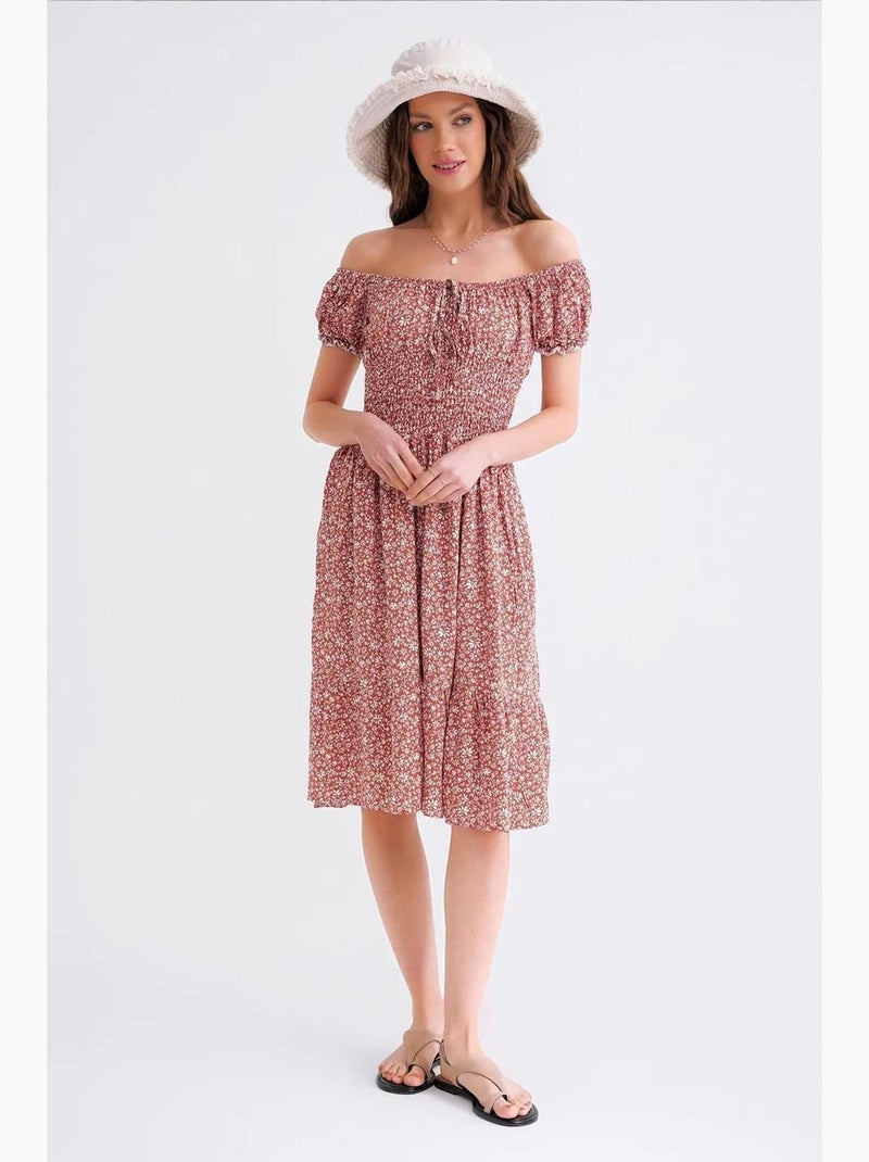 Robe midi à épaules dénudées, imprimé floral, taille smockée et manches bouffantes mixray Terracotta - Kiabi