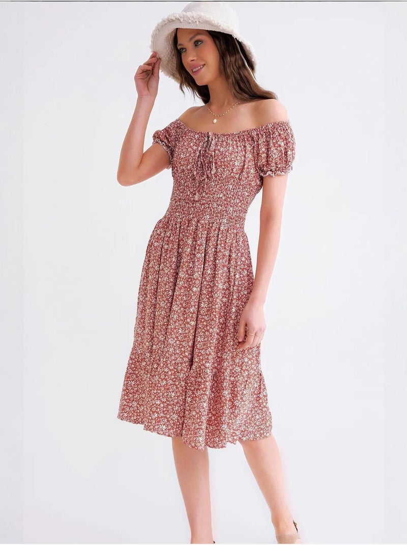 Robe midi à épaules dénudées, imprimé floral, taille smockée et manches bouffantes mixray Terracotta - Kiabi