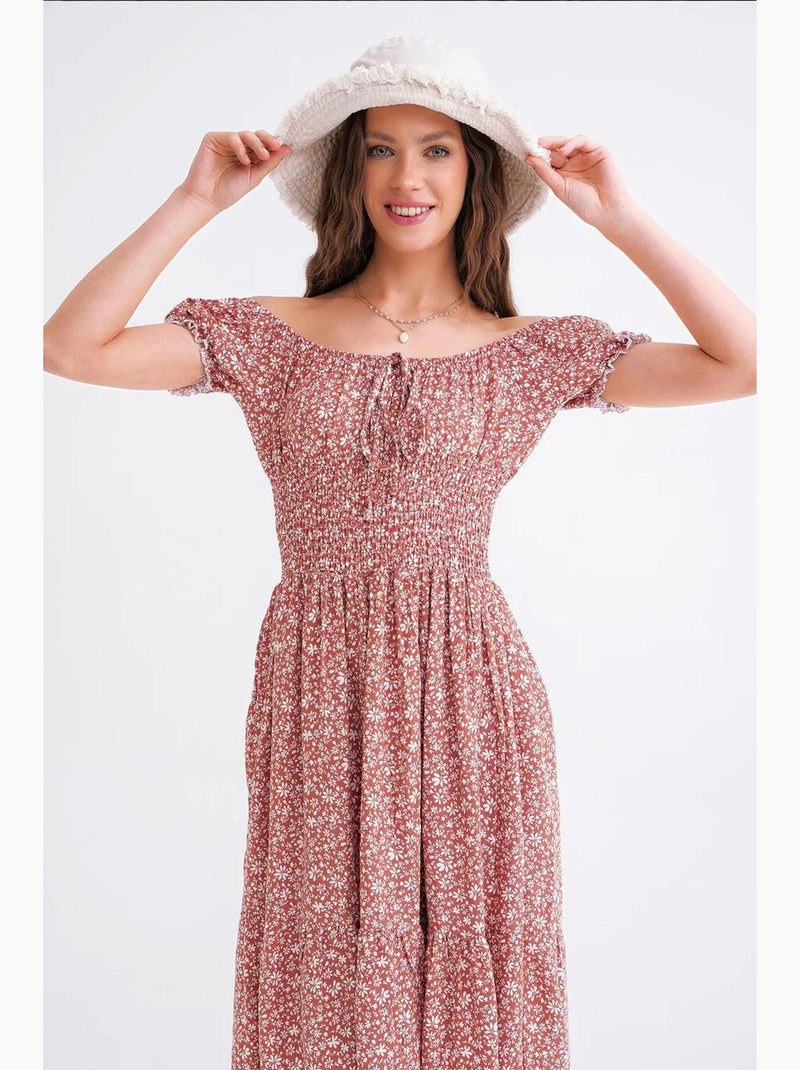 Robe midi à épaules dénudées, imprimé floral, taille smockée et manches bouffantes mixray Terracotta - Kiabi
