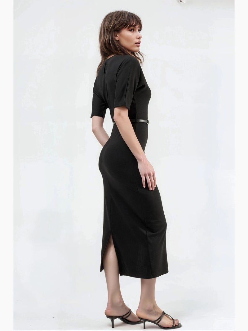 Robe midi à manches courtes et ceinture busem Noir - Kiabi