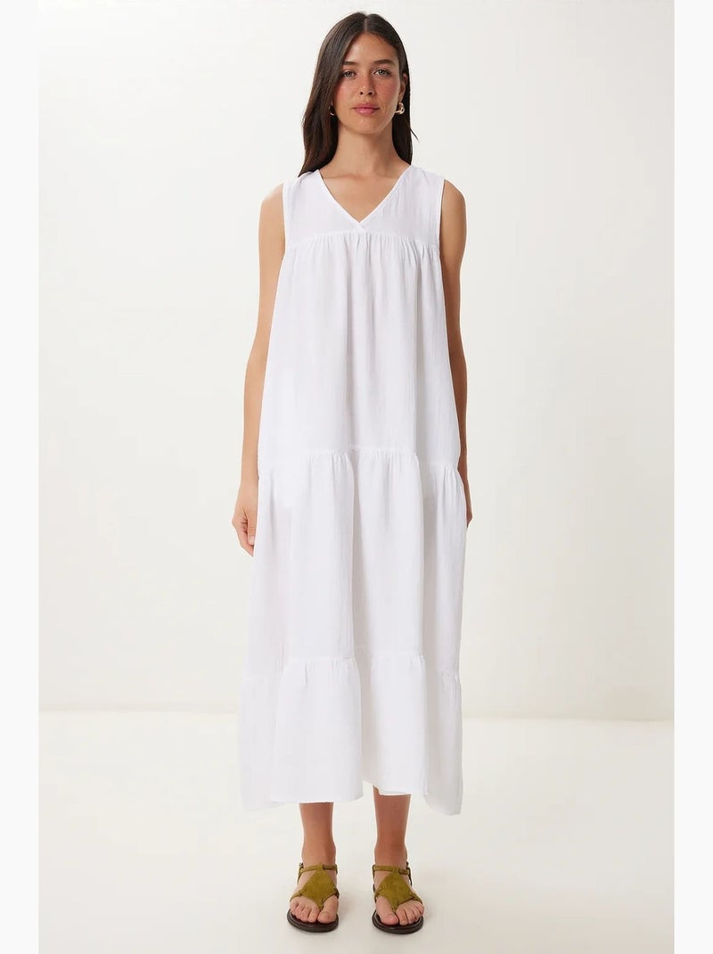 Robe midi à volants et col en v istanbul Ivoire - Kiabi