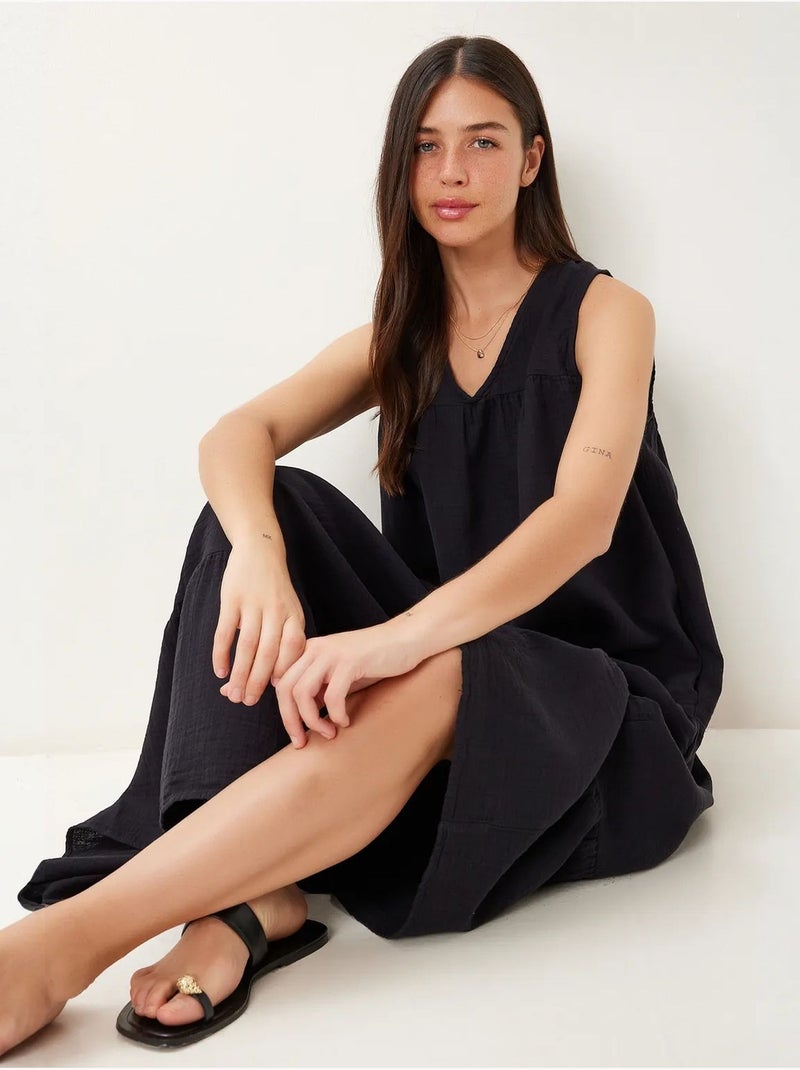 Robe midi à volants et col en v istanbul Noir - Kiabi