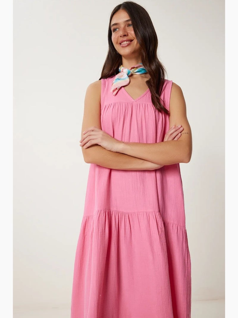 Robe midi à volants et col en v istanbul Rose clair - Kiabi