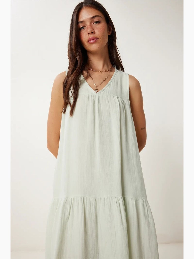 Robe midi à volants et col en v istanbul Vert menthe - Kiabi