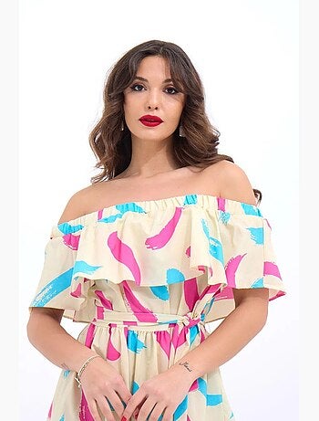Robe midi à volants et épaules dénudées janes