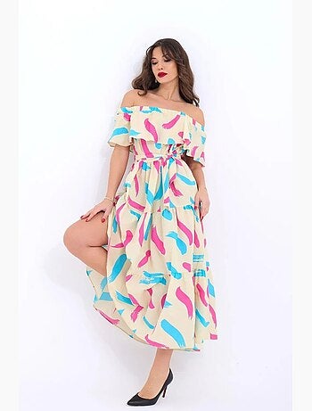 Robe midi à volants et épaules dénudées janes