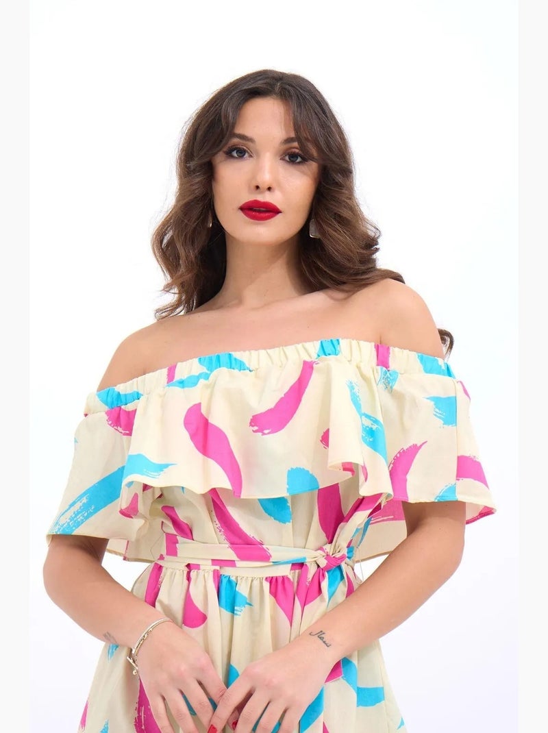 Robe midi à volants et épaules dénudées janes Beige argile - Kiabi