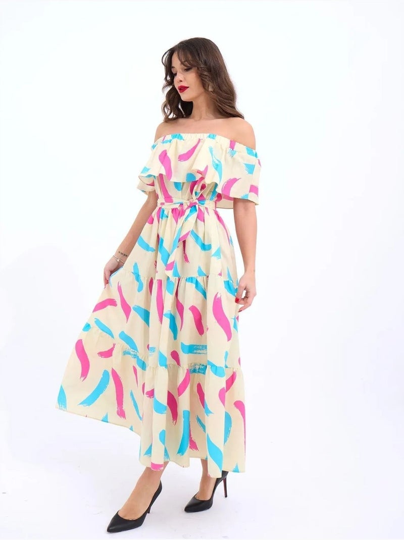 Robe midi à volants et épaules dénudées janes Beige argile - Kiabi