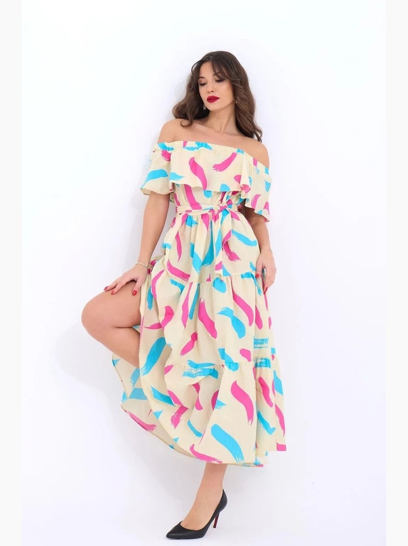 Robe midi à volants et épaules dénudées janes Beige argile - Kiabi