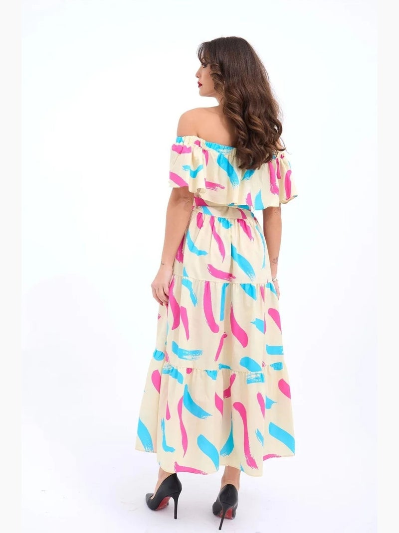 Robe midi à volants et épaules dénudées janes Beige argile - Kiabi